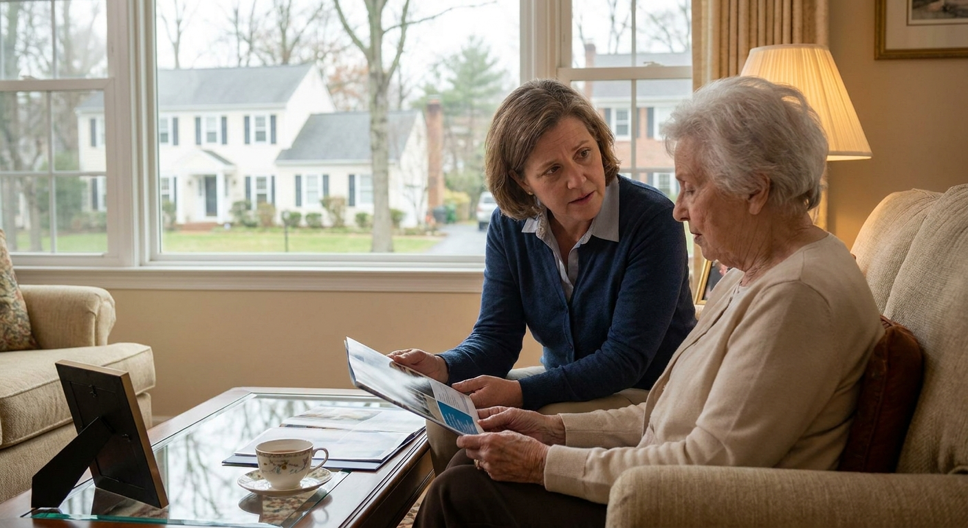 Adult child talking to parent about senior living options in Montgomery County